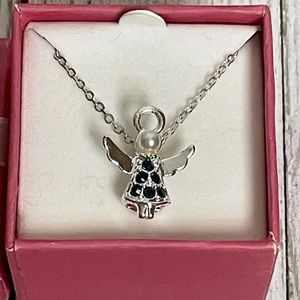 Vtg Avon Angel Faux Pearl Blue Rhinestone Silver  Necklace September Birthstone